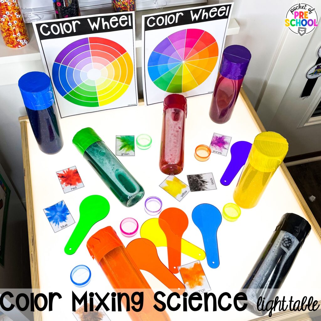 Color mixing science table plus more spring light table activities for preschool, pre-k, and kindergarten students to have fun and learn at the light table.
