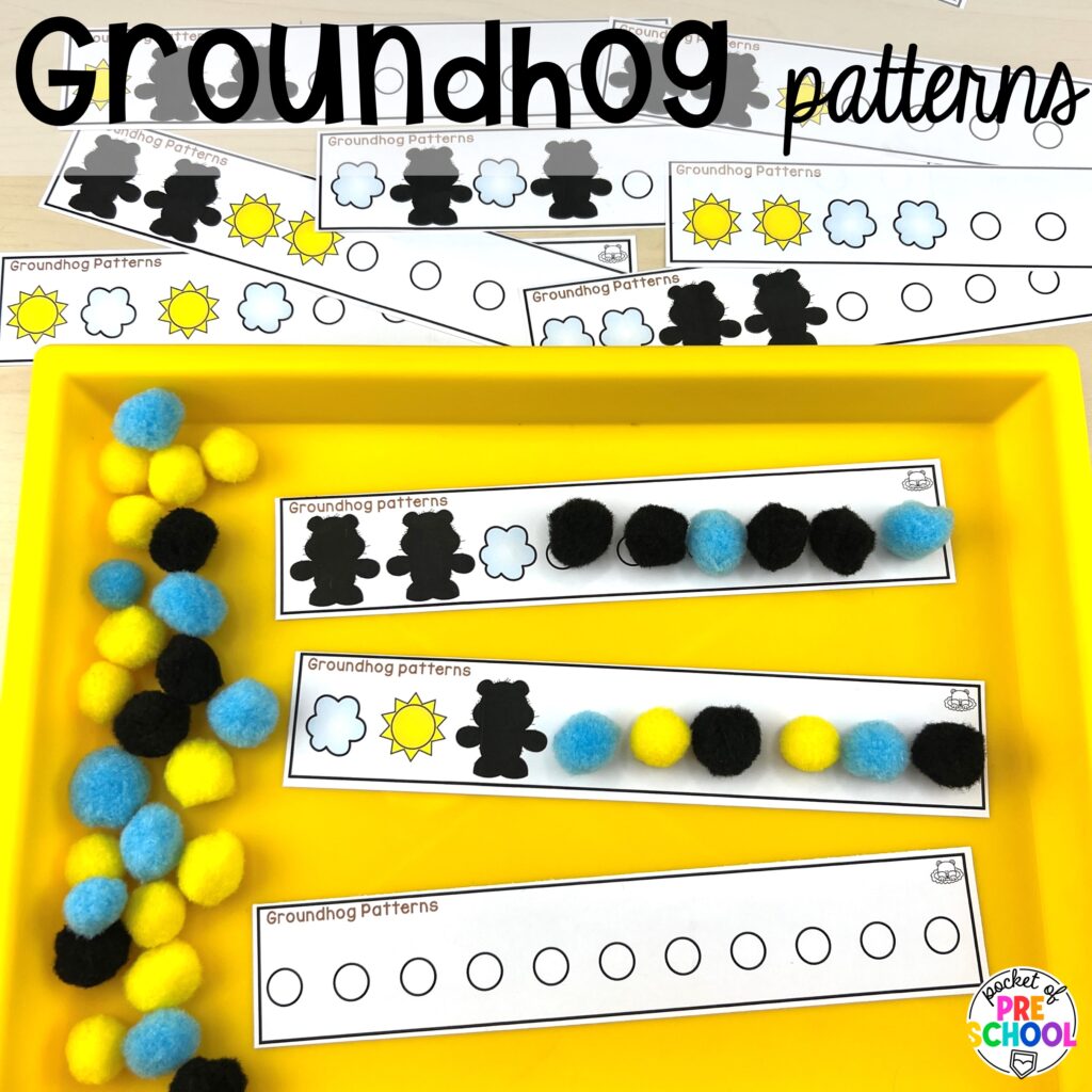Groundhog patterns plus more Groundhog Day Activities and Centers for math, literacy, fine motor, science, and more for preschool, pre-k, and kindergarten students.