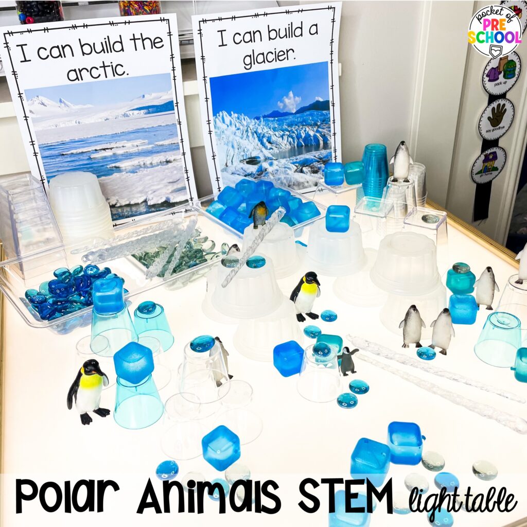 Polar animals habitat STEM light table plus more winter light table activities for preschool, pre-k, and kindergarten students to learn on the light table.