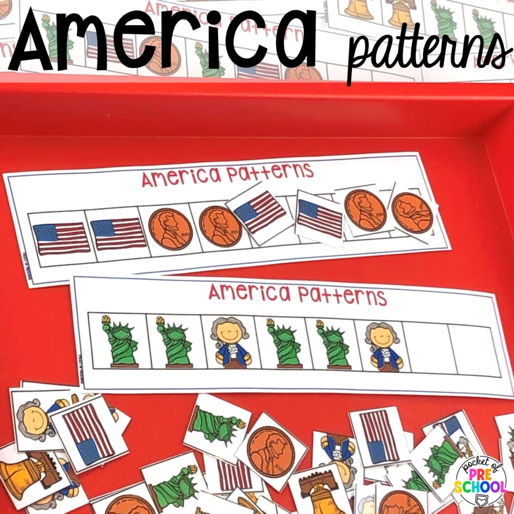 America patterns plus more USA activities and centers for preschool, pre-k, and kindergarten students. These are perfect for President's Day, 4th of July, election time, or Veteran's Day.