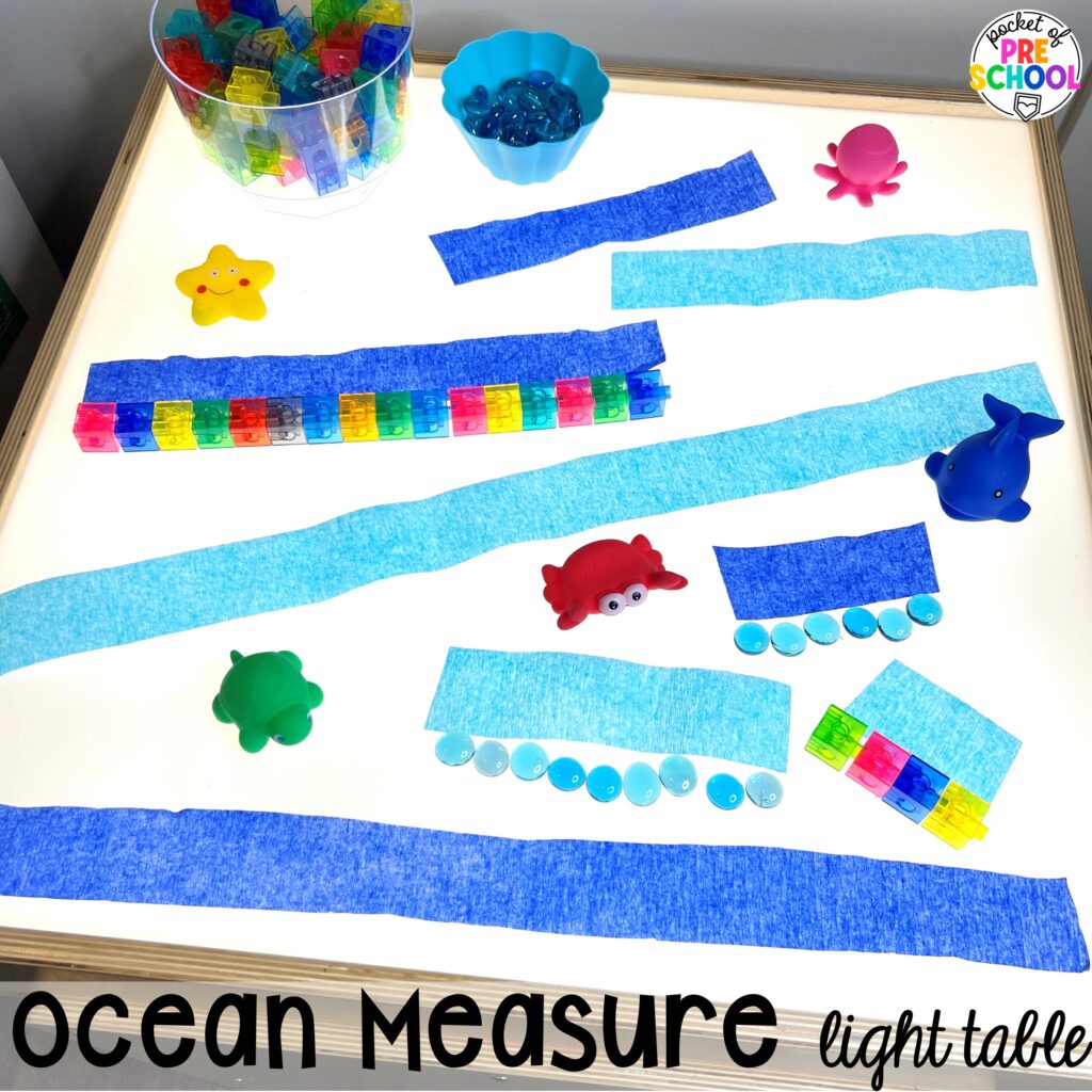 Ocean measure light table plus more summer light table activities for preschool, pre-k, and kindergarten students. Ideas for math, literacy, fine motor, and STEM.