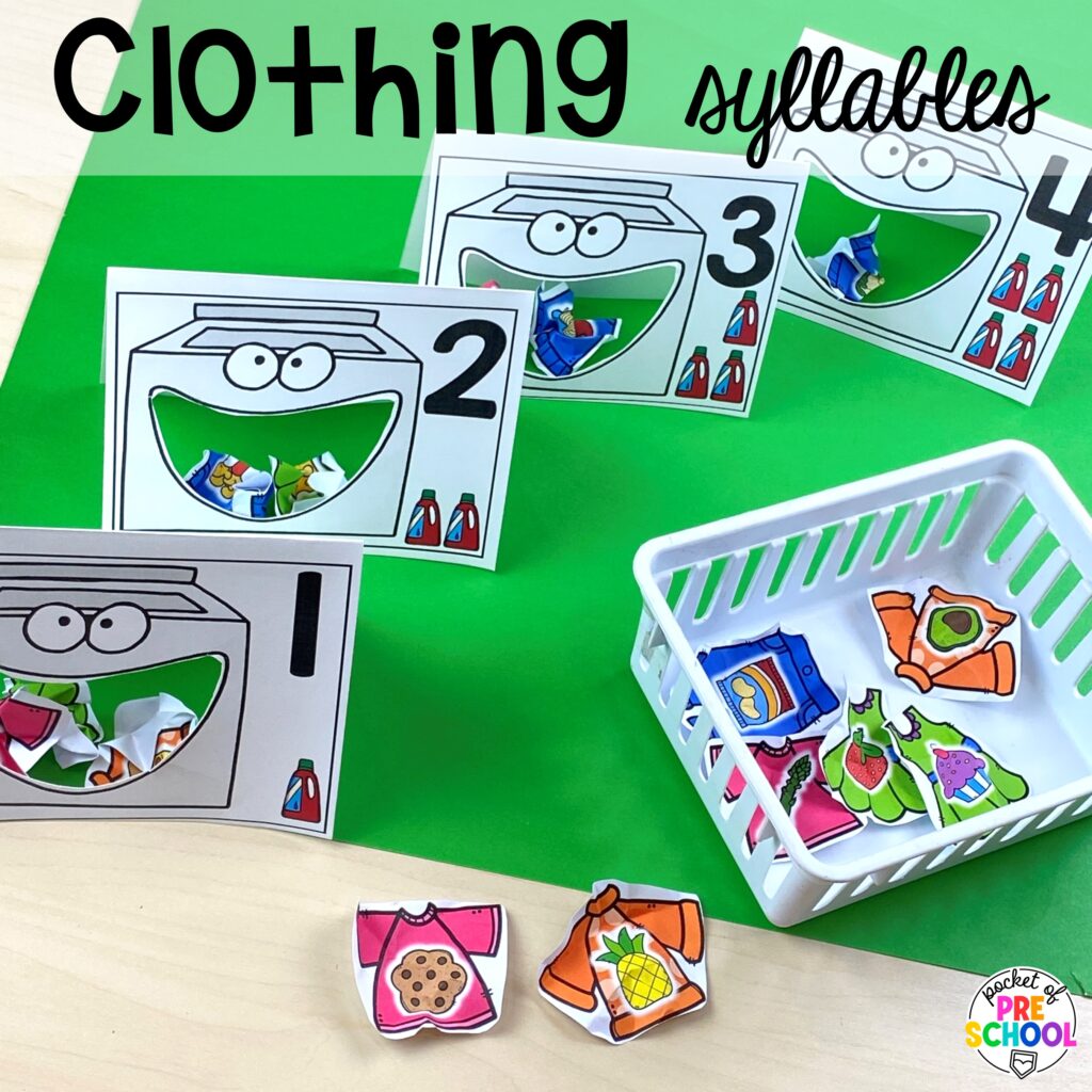 Clothing syllables plus more clothing activities and centers for preschool, pre-k, and kindergarten students. This is a great theme for working on colors, patterns, sorting, and matching!