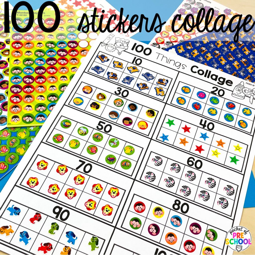 100 stickers collage plus more 100th day activities for preschool, pre-k, and kindergarten students to count, explore, and practice numbers to 100.