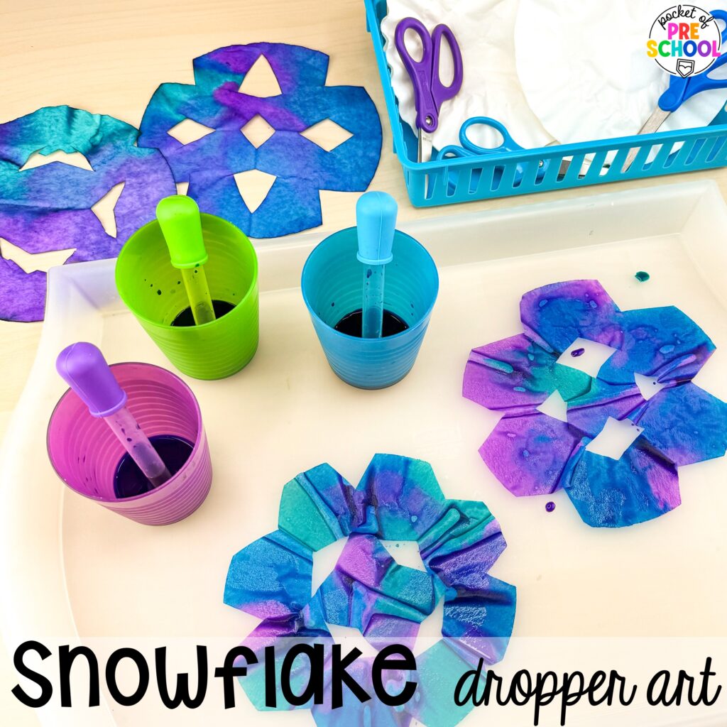 Snowflake dropper art plus more winter art activities to occupy your preschool, pre-k, and kindergarten students during the long winter months.