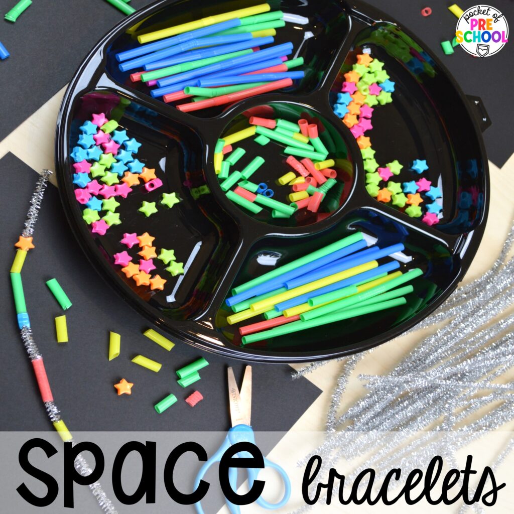 Space bracelets and more space activities and center ideas for preschool, pre-k, and kindergarten to blast off their learning potential!