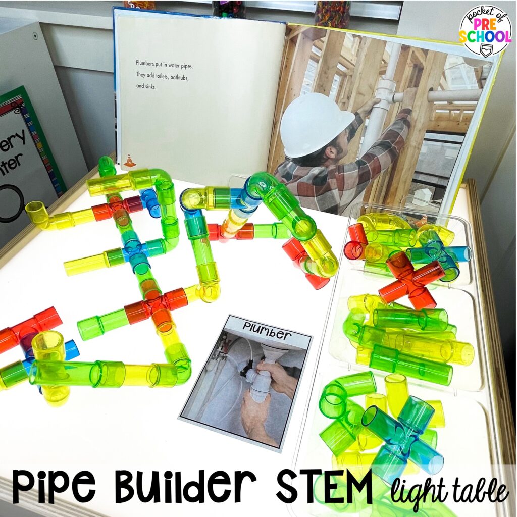 Pipe builder STEM activity plus more spring light table activities for preschool, pre-k, and kindergarten students to have fun and learn at the light table.