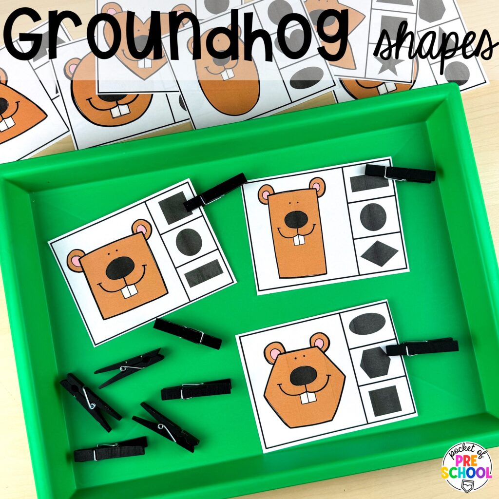 Groundhog shape clip cards plus more Groundhog Day Activities and Centers for math, literacy, fine motor, science, and more for preschool, pre-k, and kindergarten students.