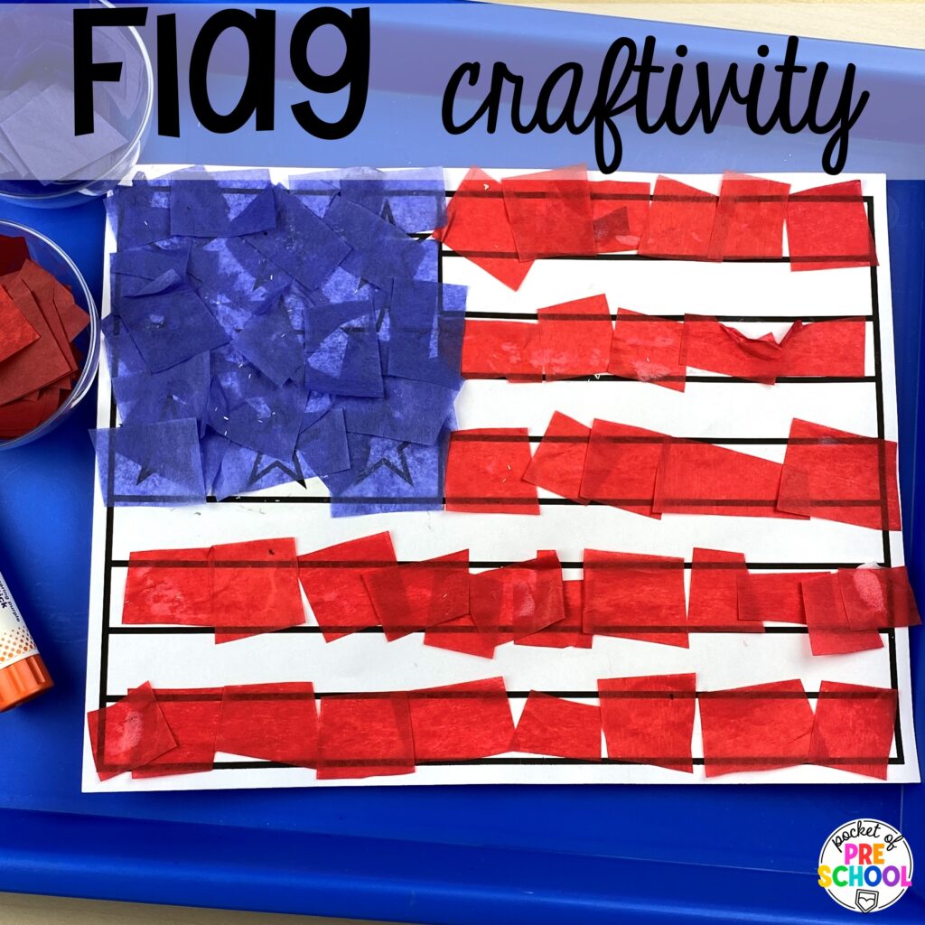 Flag craftivity plus more USA activities and centers for preschool, pre-k, and kindergarten students. These are perfect for President's Day, 4th of July, election time, or Veteran's Day.
