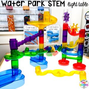 Water park STEM light table plus more summer light table activities for preschool, pre-k, and kindergarten students. Ideas for math, literacy, fine motor, and STEM.