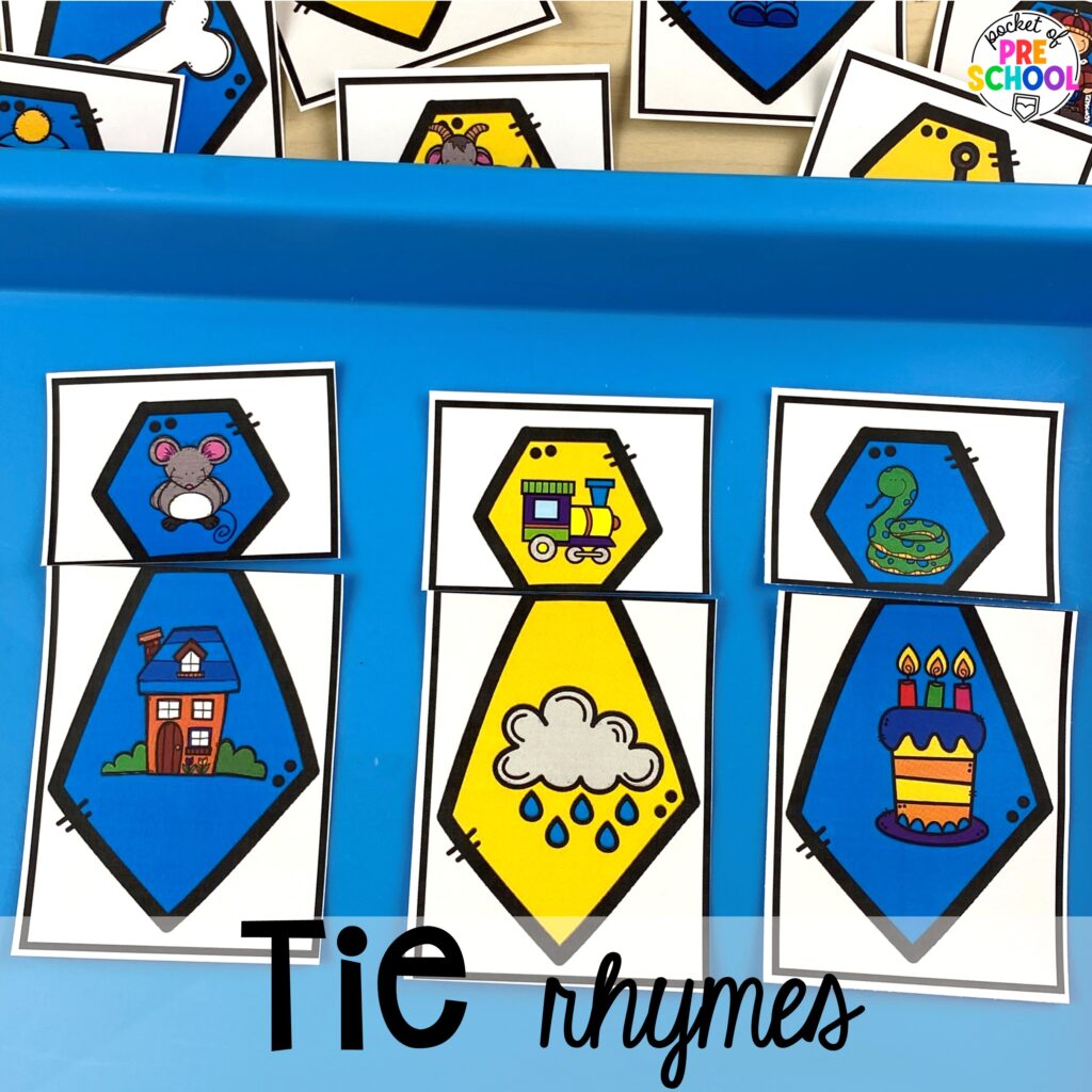 Tie rhymes plus more clothing activities and centers for preschool, pre-k, and kindergarten students. This is a great theme for working on colors, patterns, sorting, and matching!
