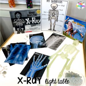 X-ray light table for healthy eating theme plus more winter light table activities for preschool, pre-k, and kindergarten students to learn on the light table.