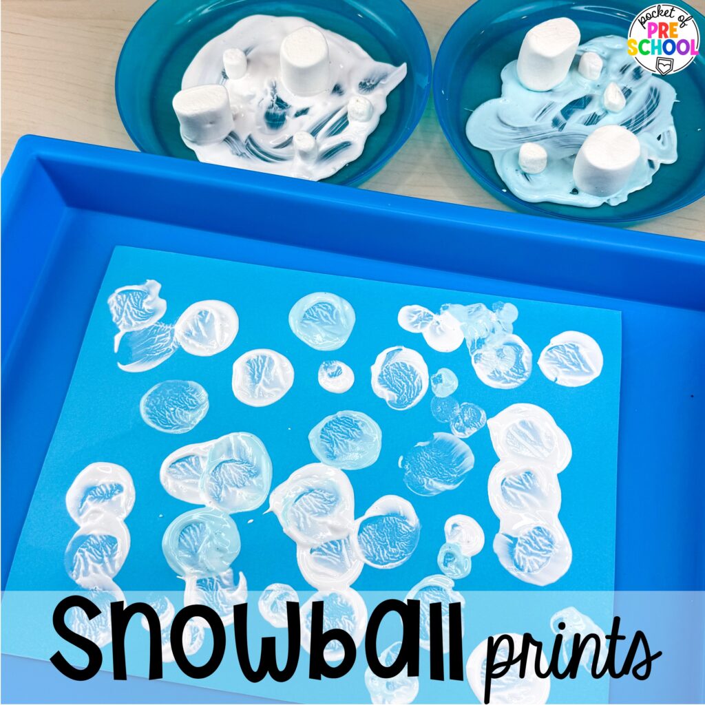 Snowball prints plus more winter art activities to occupy your preschool, pre-k, and kindergarten students during the long winter months.