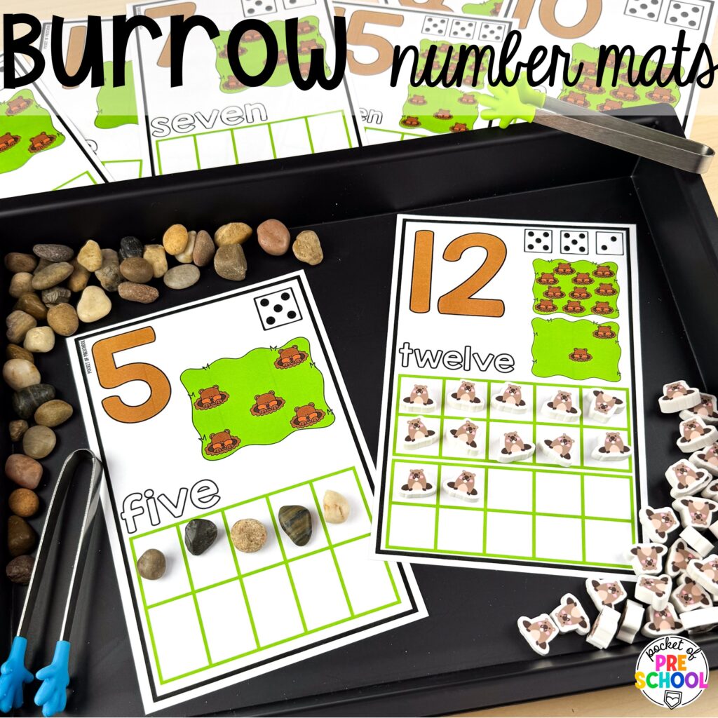 Burrow number mats plus more Groundhog Day Activities and Centers for math, literacy, fine motor, science, and more for preschool, pre-k, and kindergarten students.