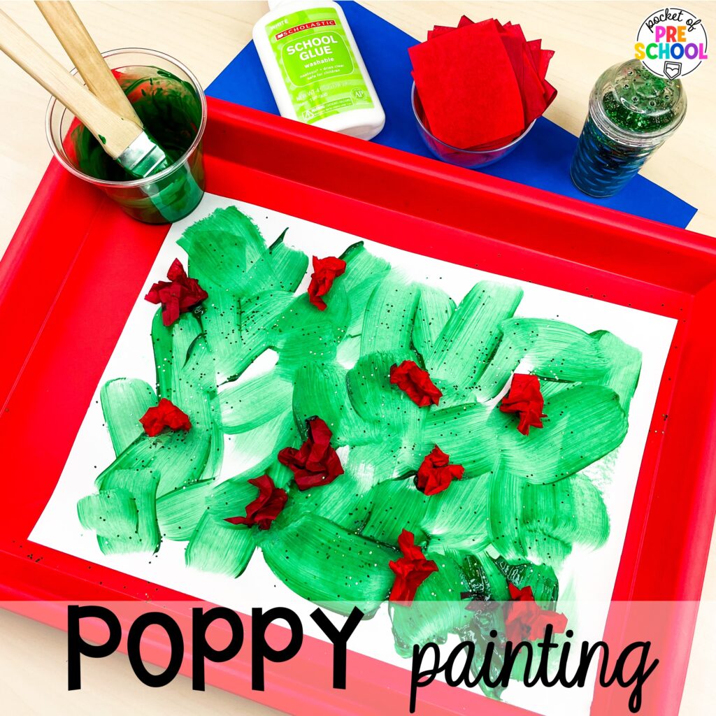 Poppy painting plus more USA activities and centers for preschool, pre-k, and kindergarten students. These are perfect for President's Day, 4th of July, election time, or Veteran's Day.
