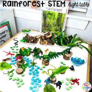 Rainforest STEM light table plus more summer light table activities for preschool, pre-k, and kindergarten students. Ideas for math, literacy, fine motor, and STEM.