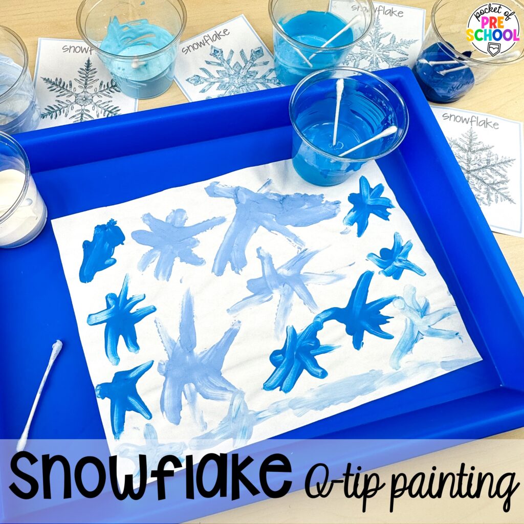 Snowflake q-tip painting plus more winter art activities to occupy your preschool, pre-k, and kindergarten students during the long winter months.