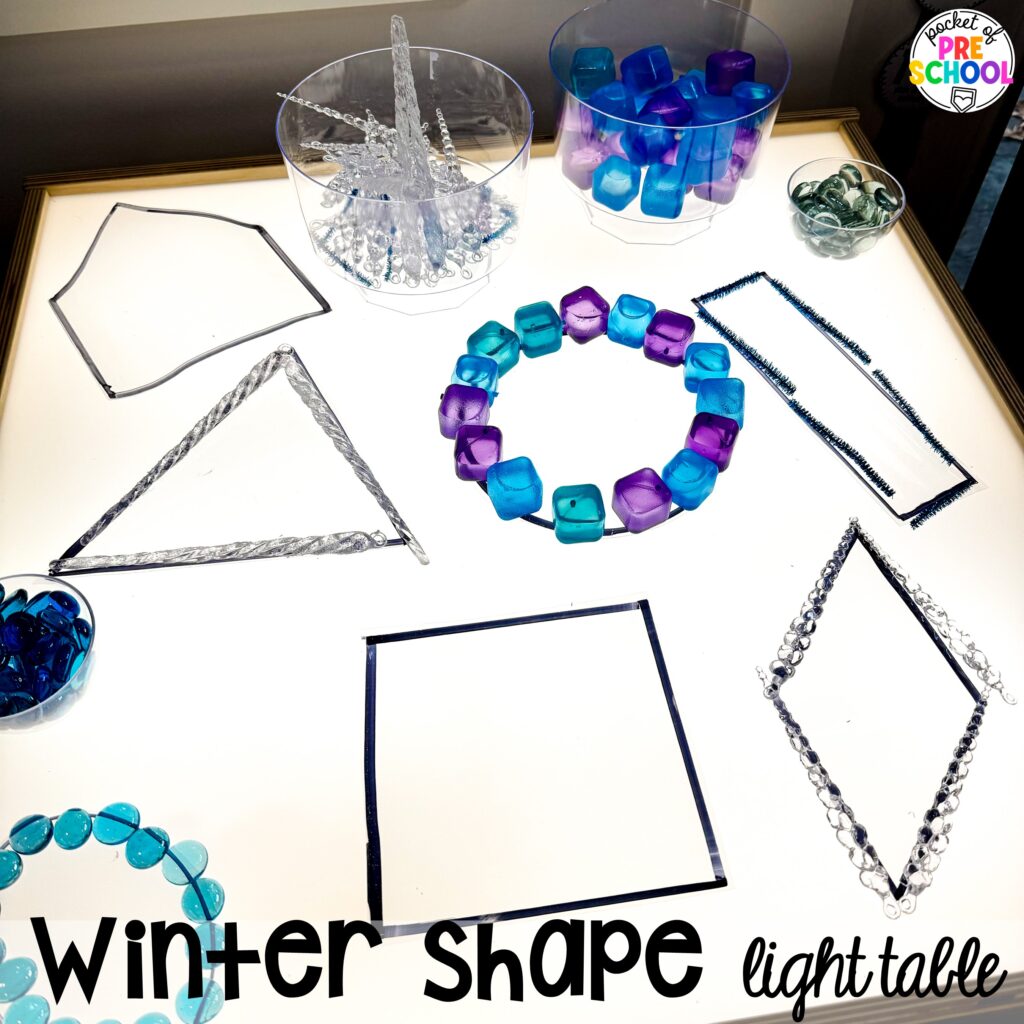 Winter shape building light table plus more winter light table activities for preschool, pre-k, and kindergarten students to learn on the light table.