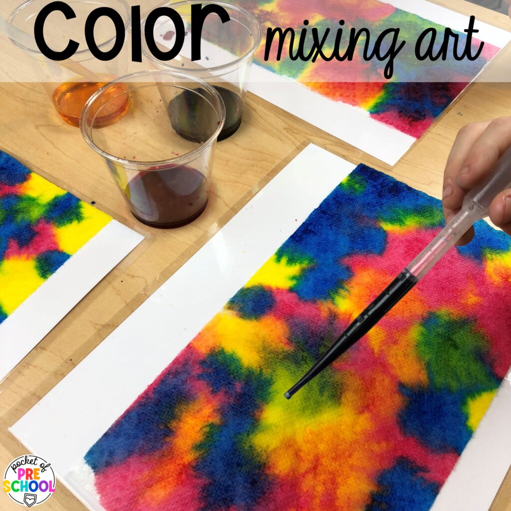 Color mixing art plus more spring art activities to brighten your preschool, pre-k, and kindergarten rooms.