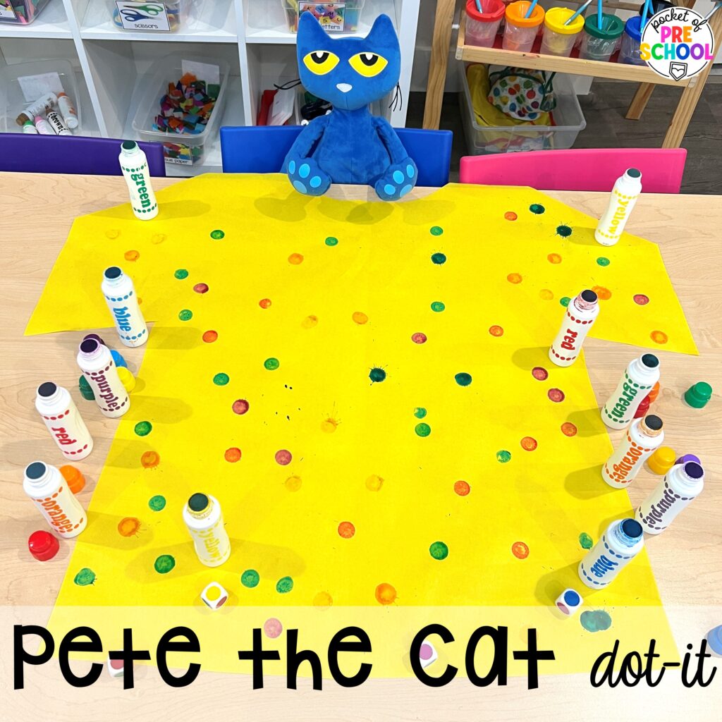 Pete the Cat dot it plus more clothing activities and centers for preschool, pre-k, and kindergarten students. This is a great theme for working on colors, patterns, sorting, and matching!