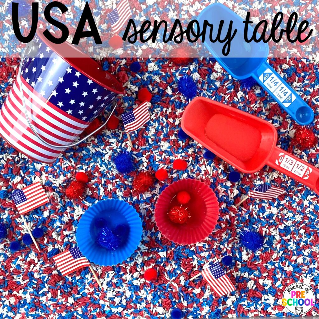 USA sensory table plus more USA activities and centers for preschool, pre-k, and kindergarten students. These are perfect for President's Day, 4th of July, election time, or Veteran's Day.