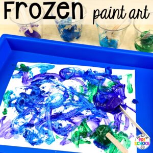 Frozen paint art plus more winter art activities to occupy your preschool, pre-k, and kindergarten students during the long winter months.