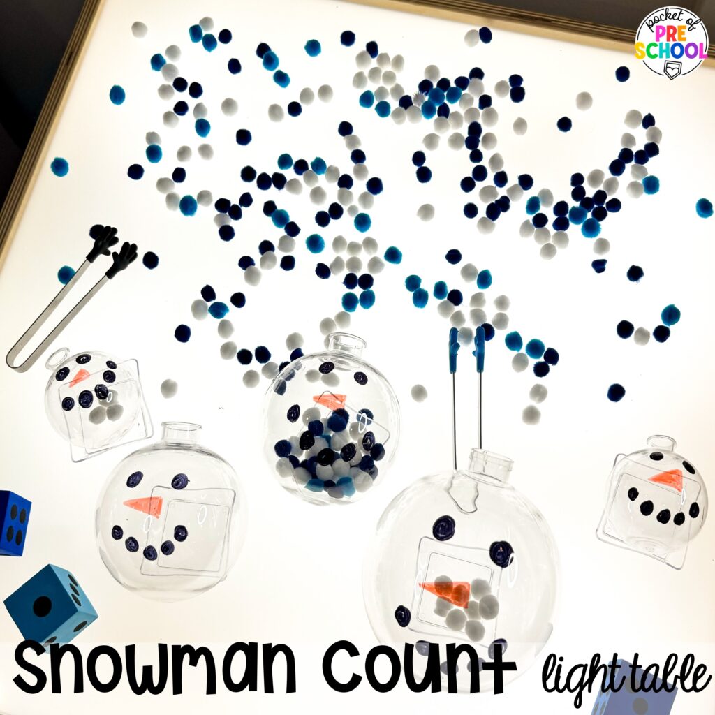 Snowman counting light table plus more winter light table activities for preschool, pre-k, and kindergarten students to learn on the light table.