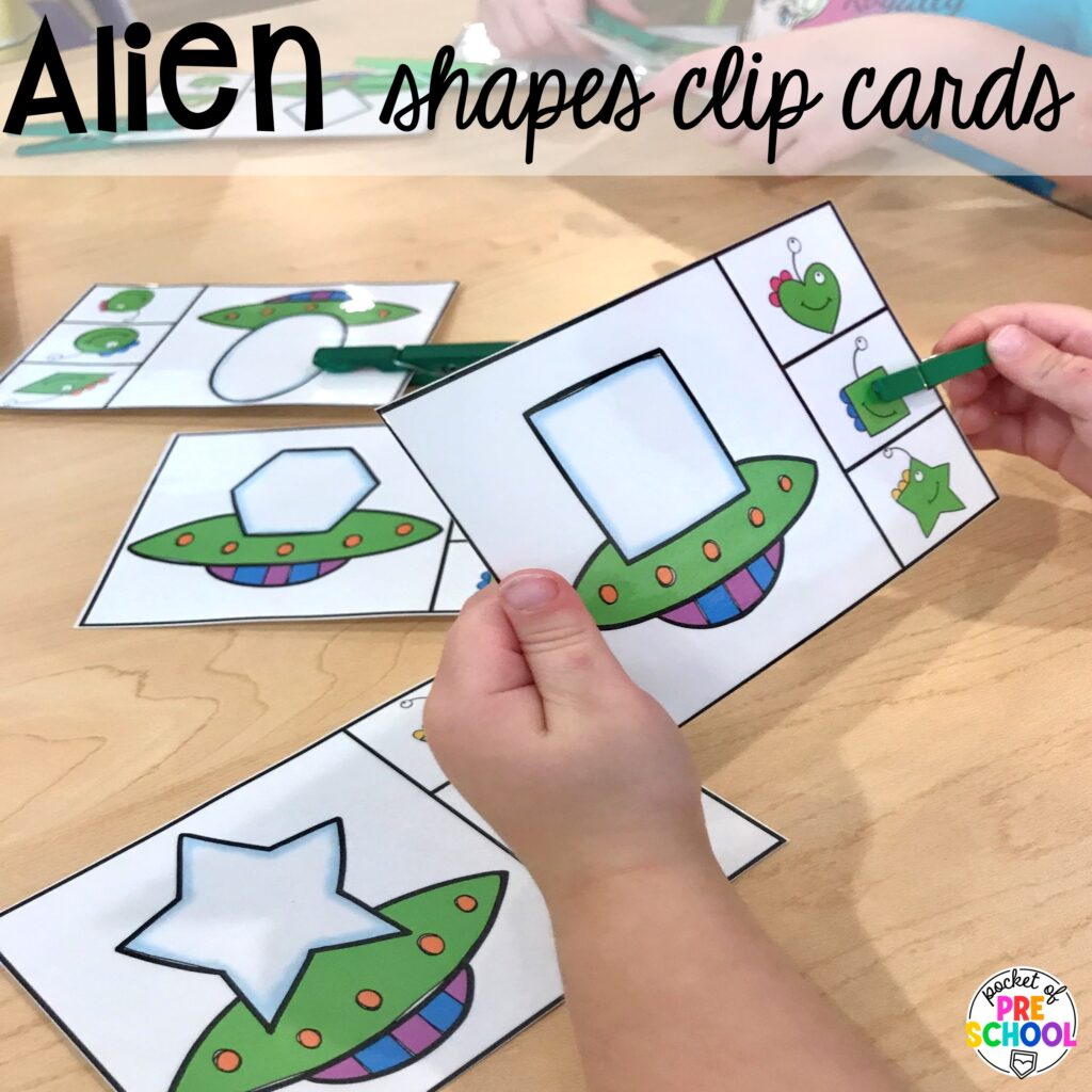 Alien shapes clip cards and more space activities and center ideas for preschool, pre-k, and kindergarten to blast off their learning potential!