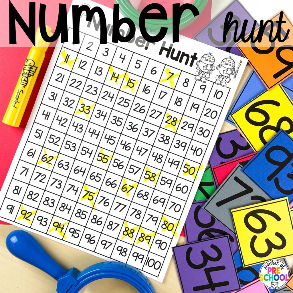 Number hunt plus more 100th day activities for preschool, pre-k, and kindergarten students to count, explore, and practice numbers to 100.