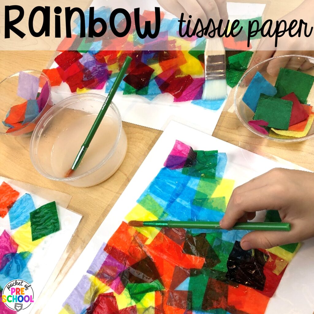 Rainbow tissue paper collage plus more spring art activities to brighten your preschool, pre-k, and kindergarten rooms.