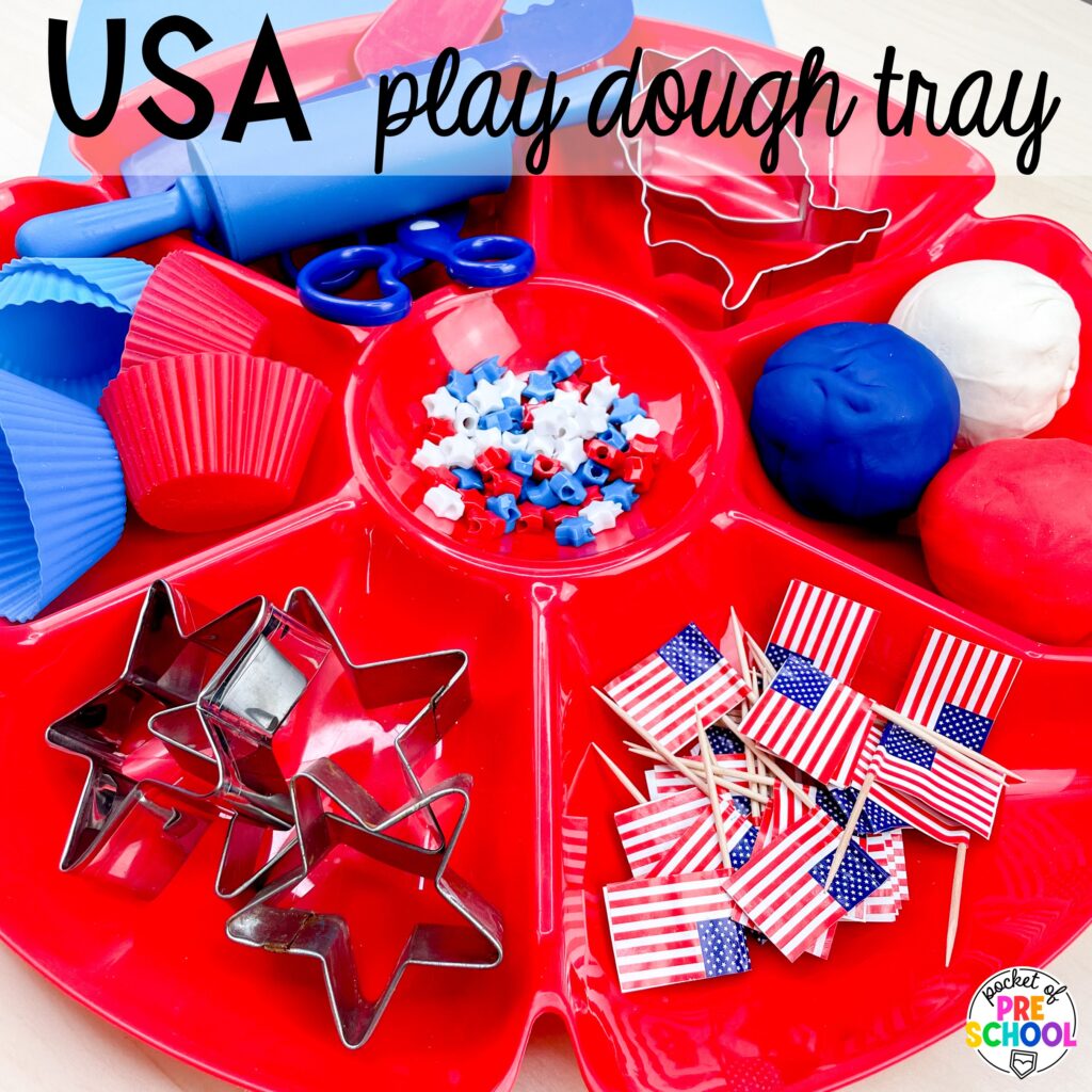 USA play dough tray plus more USA activities and centers for preschool, pre-k, and kindergarten students. These are perfect for President's Day, 4th of July, election time, or Veteran's Day.