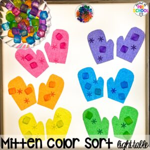 Mitten color sorting light table plus more winter light table activities for preschool, pre-k, and kindergarten students to learn on the light table.
