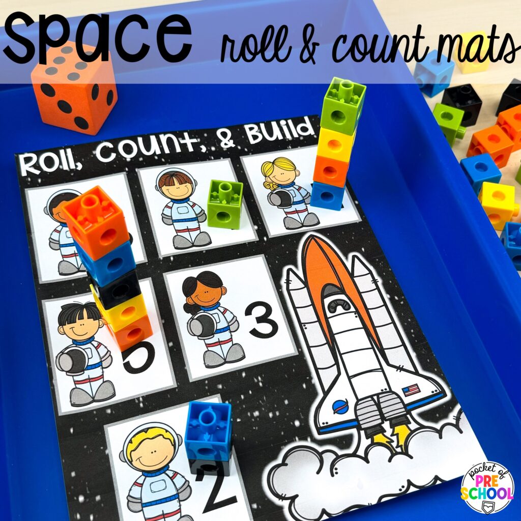 Space roll & count mats and more space activities and center ideas for preschool, pre-k, and kindergarten to blast off their learning potential!