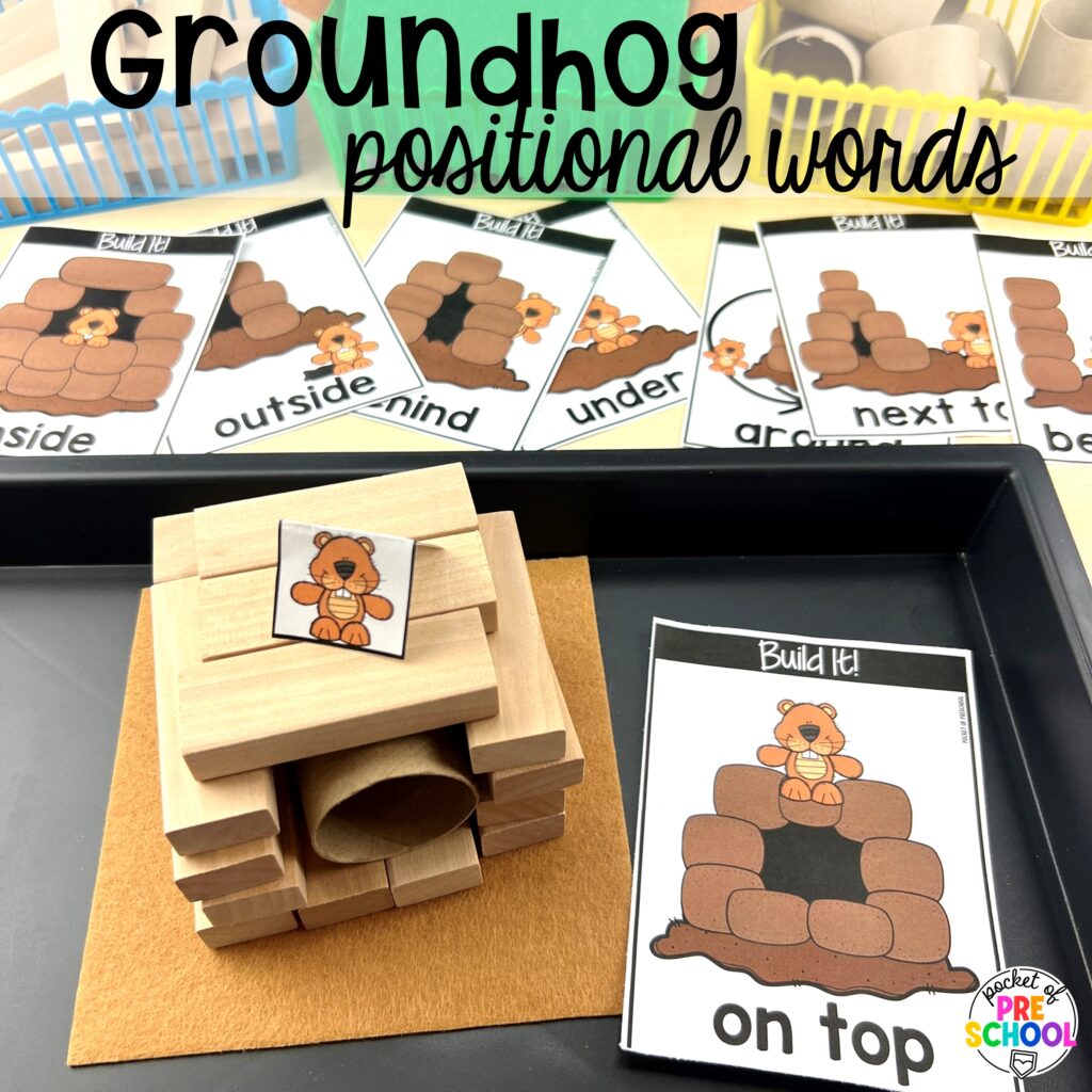 Groundhog positional words plus more Groundhog Day Activities and Centers for math, literacy, fine motor, science, and more for preschool, pre-k, and kindergarten students.