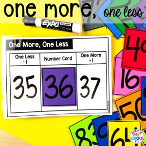 One more, one less game plus more 100th day activities for preschool, pre-k, and kindergarten students to count, explore, and practice numbers to 100.