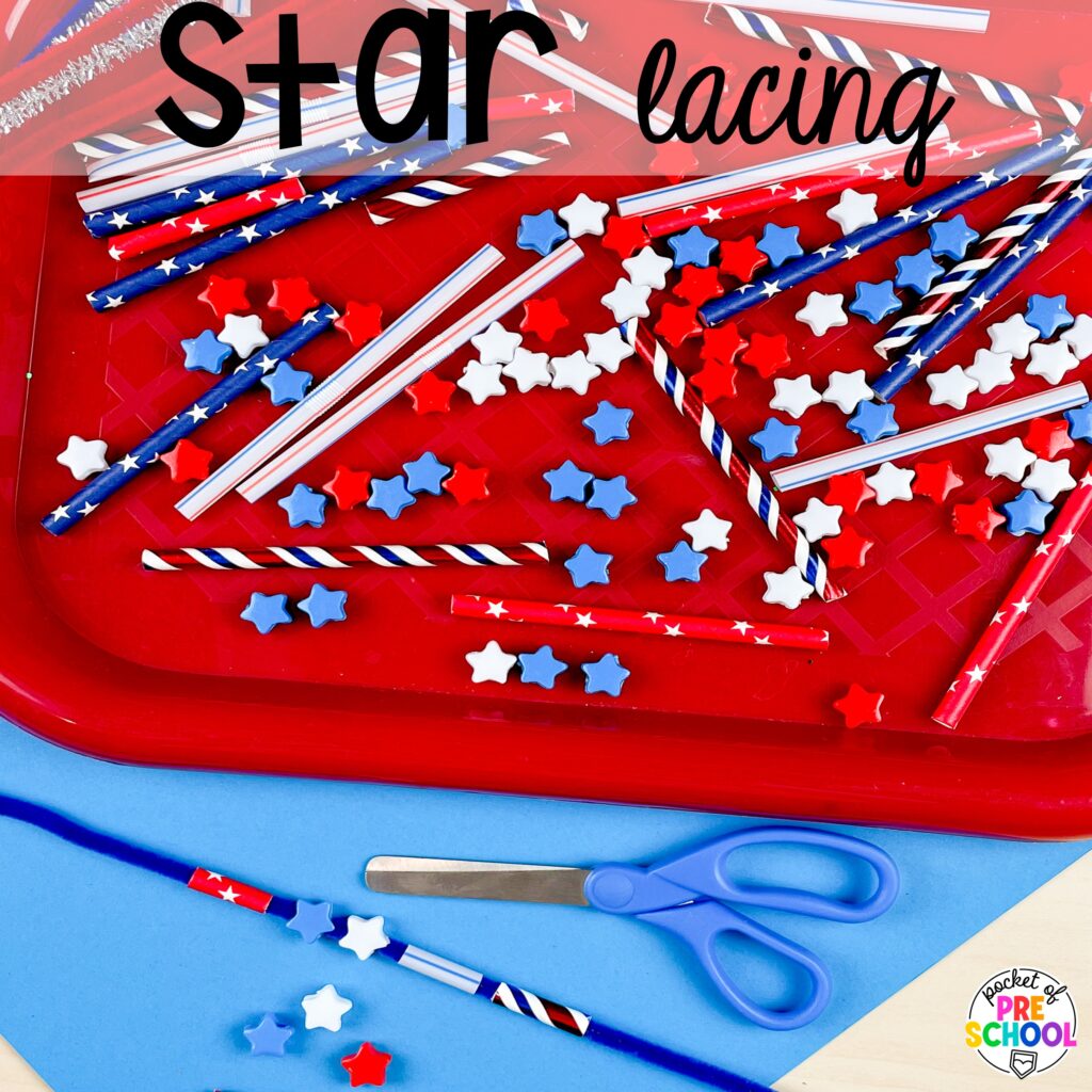 Star lacing plus more USA activities and centers for preschool, pre-k, and kindergarten students. These are perfect for President's Day, 4th of July, election time, or Veteran's Day.