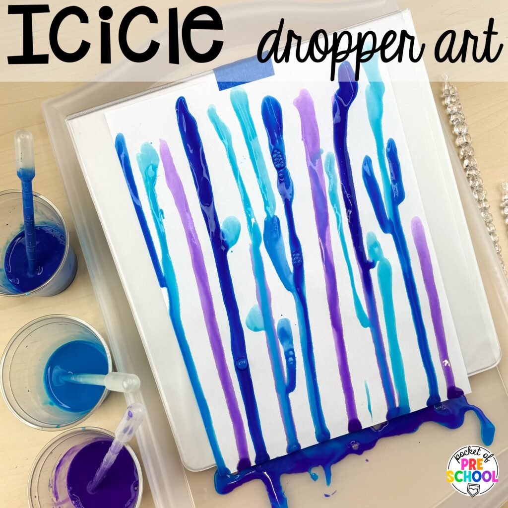 Icicle dropper art plus more winter art activities to occupy your preschool, pre-k, and kindergarten students during the long winter months.