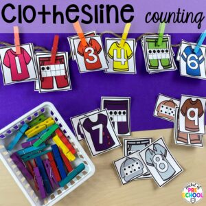 Clothesline counting plus more clothing activities and centers for preschool, pre-k, and kindergarten students. This is a great theme for working on colors, patterns, sorting, and matching!