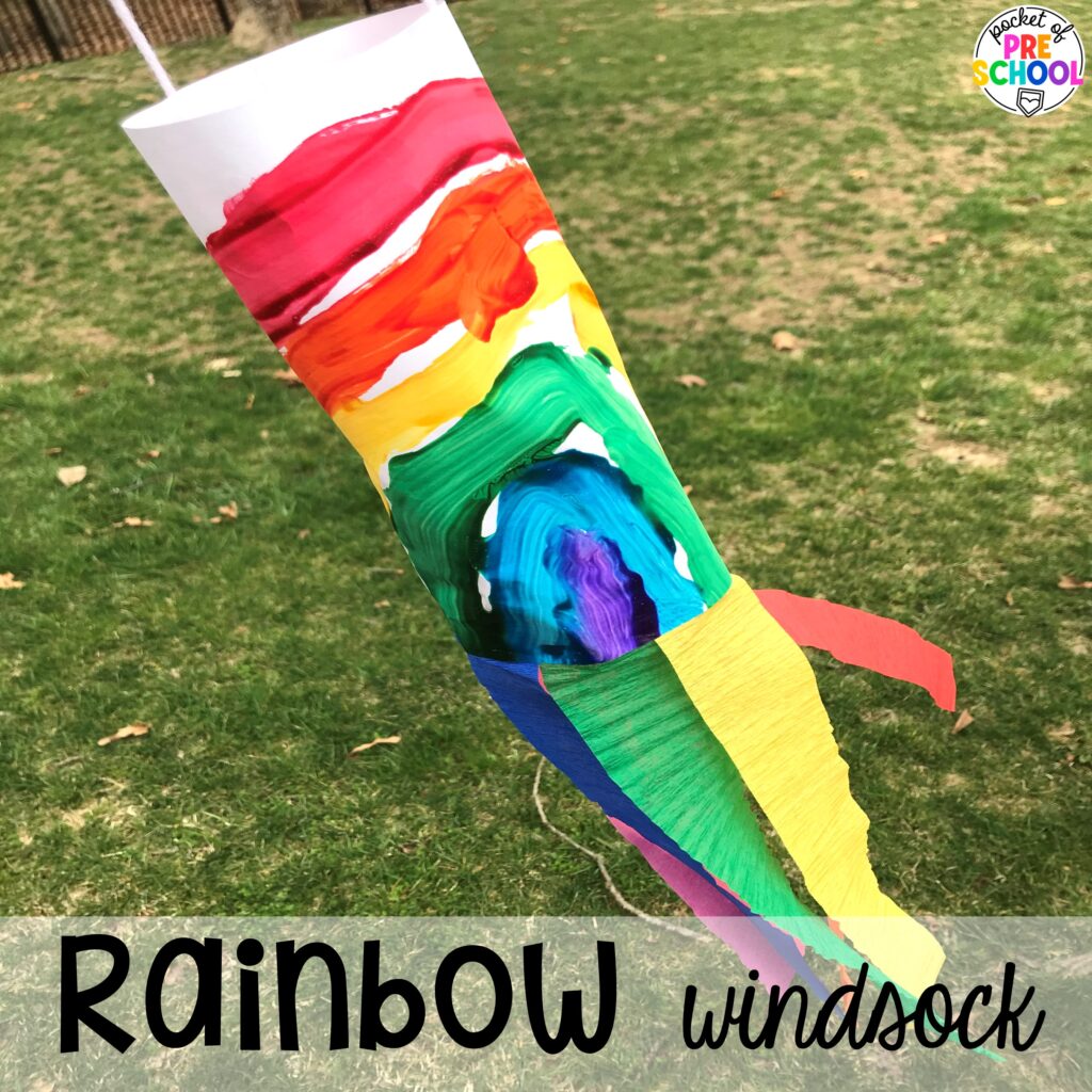 Rainbow windsock plus more spring art activities to brighten your preschool, pre-k, and kindergarten rooms.