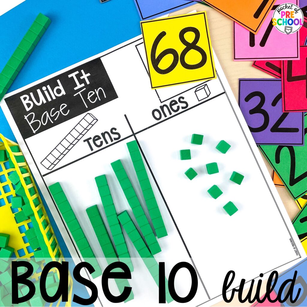 Base 10 build plus more 100th day activities for preschool, pre-k, and kindergarten students to count, explore, and practice numbers to 100.