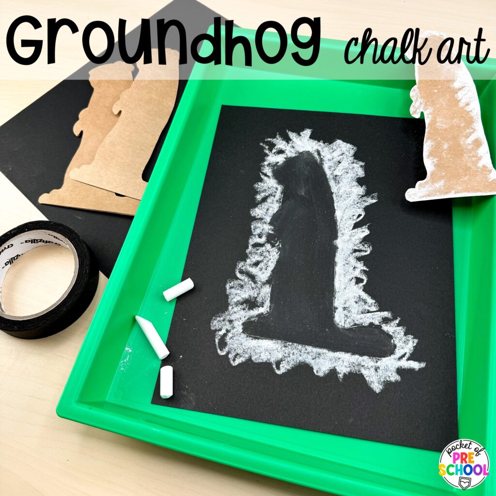 Groundhog chalk art plus more Groundhog Day Activities and Centers for math, literacy, fine motor, science, and more for preschool, pre-k, and kindergarten students.