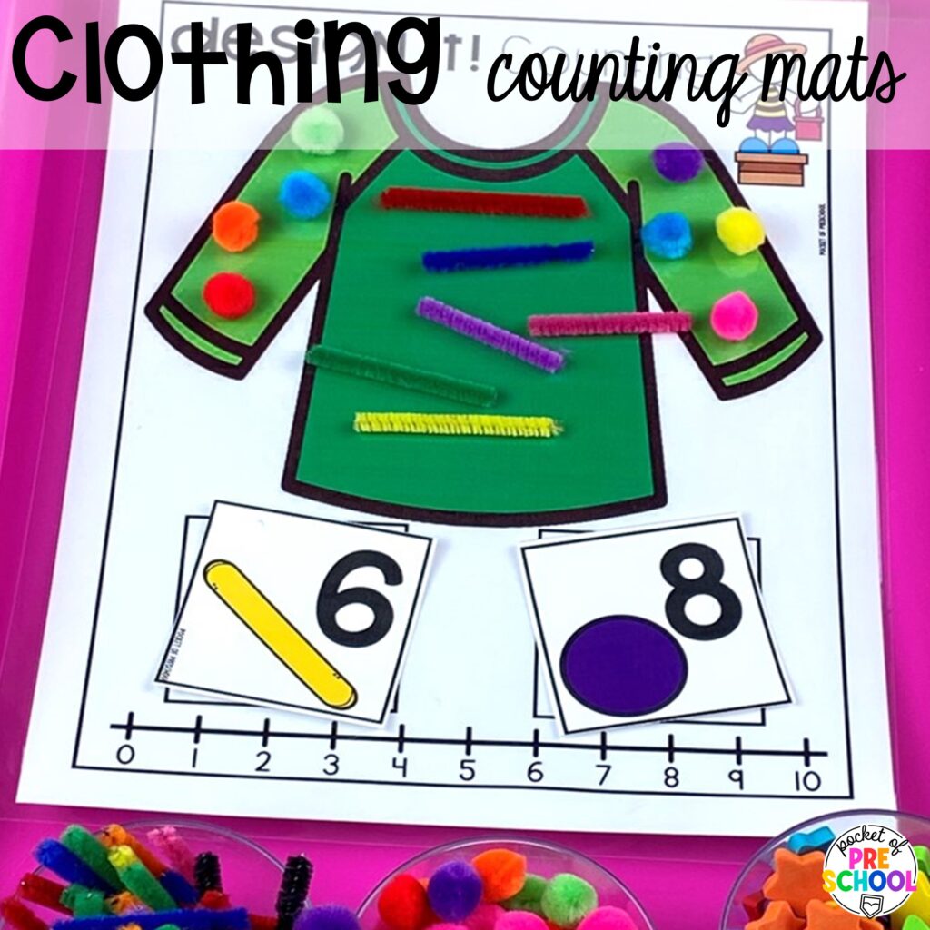 Clothing counting mats plus more clothing activities and centers for preschool, pre-k, and kindergarten students. This is a great theme for working on colors, patterns, sorting, and matching!