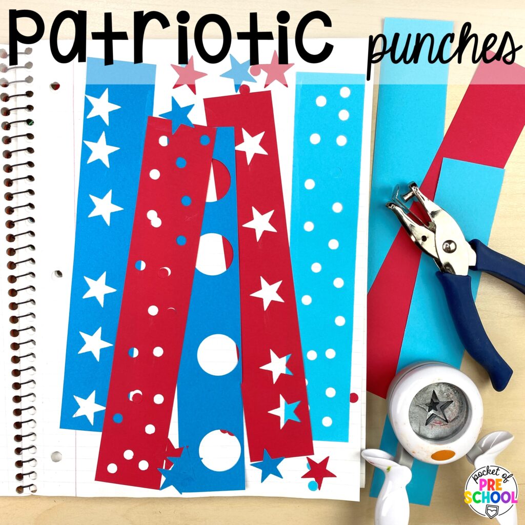 Patriotic hole punches activity plus more USA activities and centers for preschool, pre-k, and kindergarten students. These are perfect for President's Day, 4th of July, election time, or Veteran's Day.