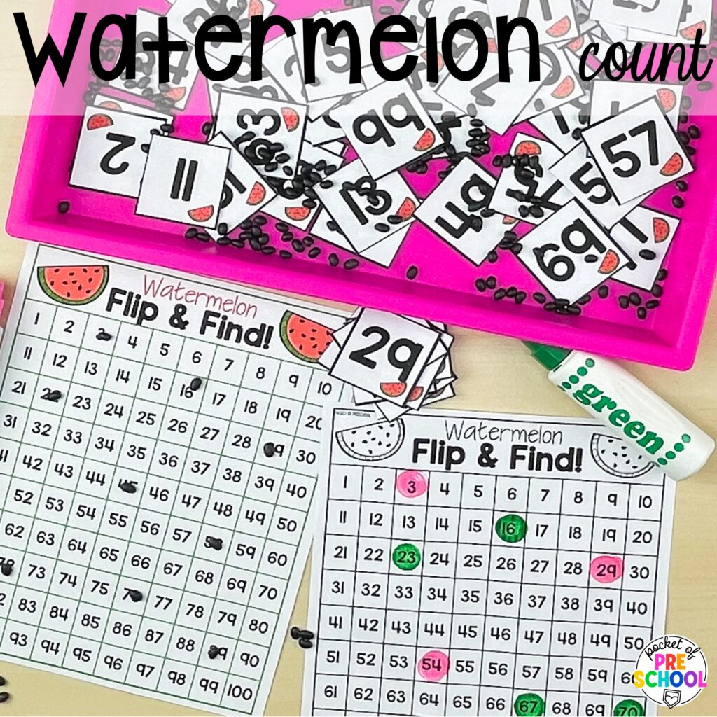 Watermelon count plus more 100th day activities for preschool, pre-k, and kindergarten students to count, explore, and practice numbers to 100.