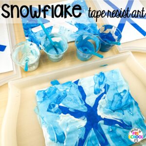 Snowflake tape resist art plus more winter art activities to occupy your preschool, pre-k, and kindergarten students during the long winter months.