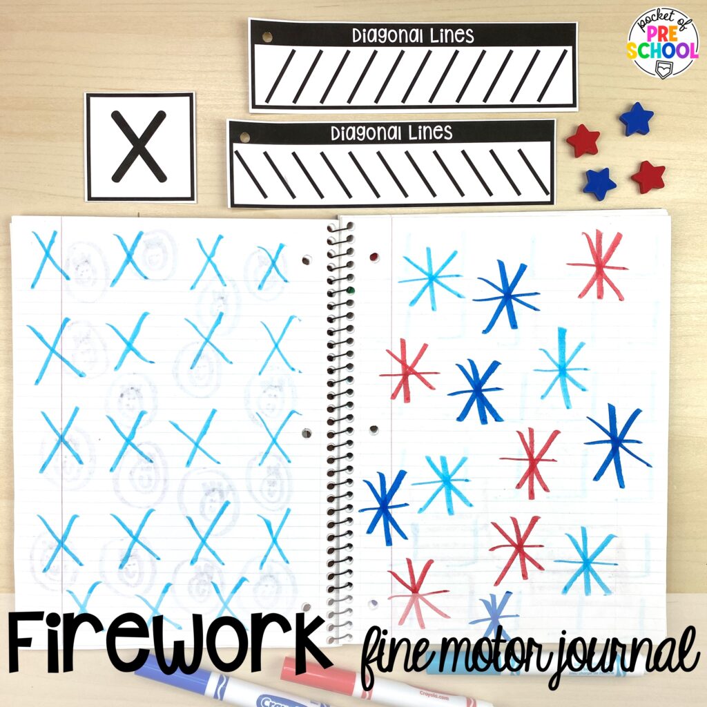 Firework fine motor journal plus more USA activities and centers for preschool, pre-k, and kindergarten students. These are perfect for President's Day, 4th of July, election time, or Veteran's Day.