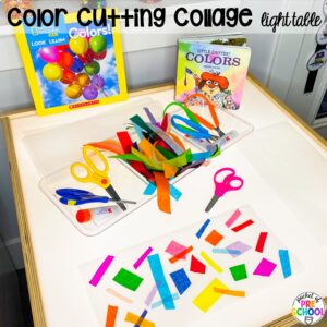 Color cutting collage plus more spring light table activities for preschool, pre-k, and kindergarten students to have fun and learn at the light table.