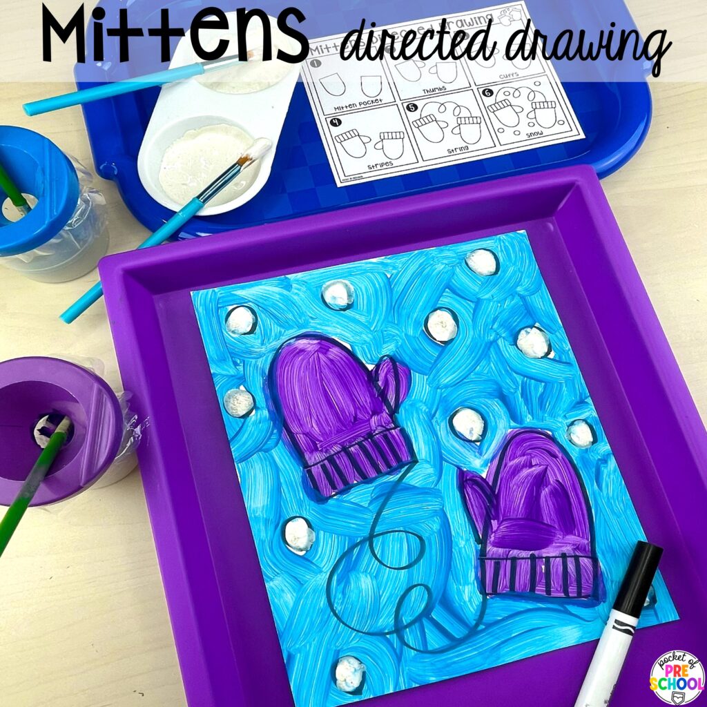 Mittens directed drawing plus more about winter directed drawings and how to use them in your preschool, pre-k, and kindergarten classroom.