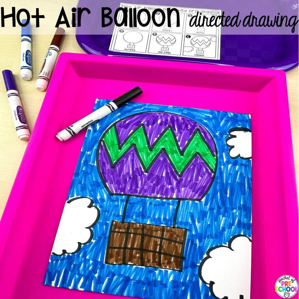 Hot air balloon directed drawing plus more about transportation directed drawings and how to use them in your preschool, pre-k, and kindergarten classroom.