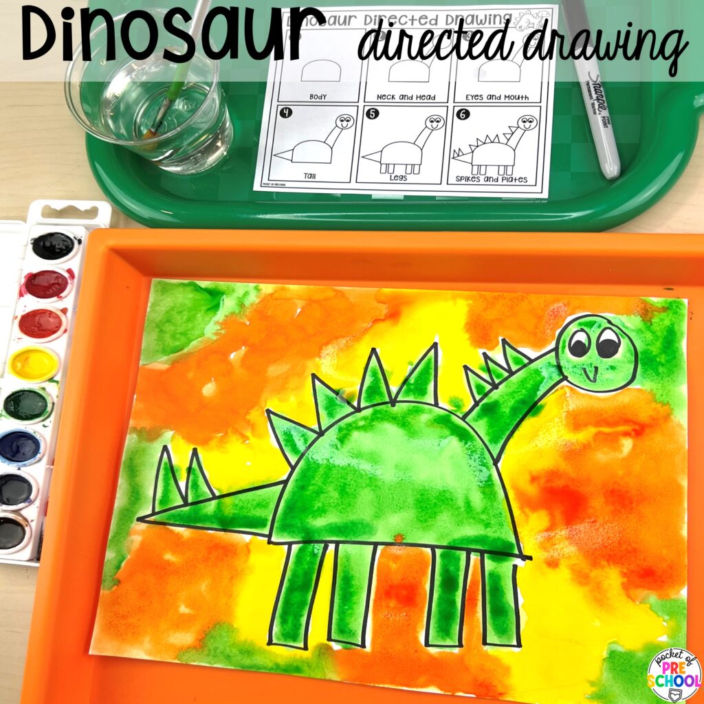Dinosaur directed drawing plus more themes directed drawings and how to use them in your preschool, pre-k, and kindergarten classroom.