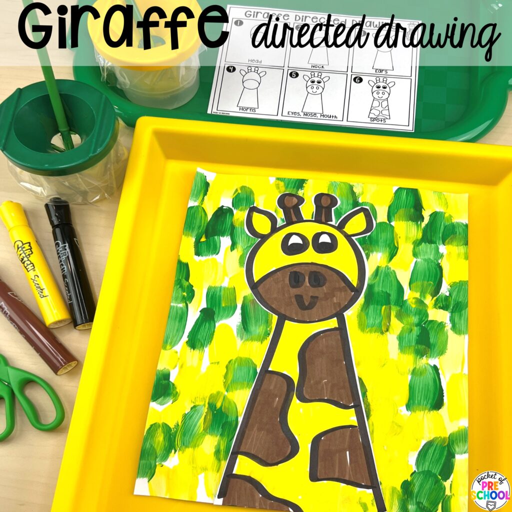 Giraffe directed drawing plus more animal directed drawings and how to use them in your preschool, pre-k, and kindergarten classroom.